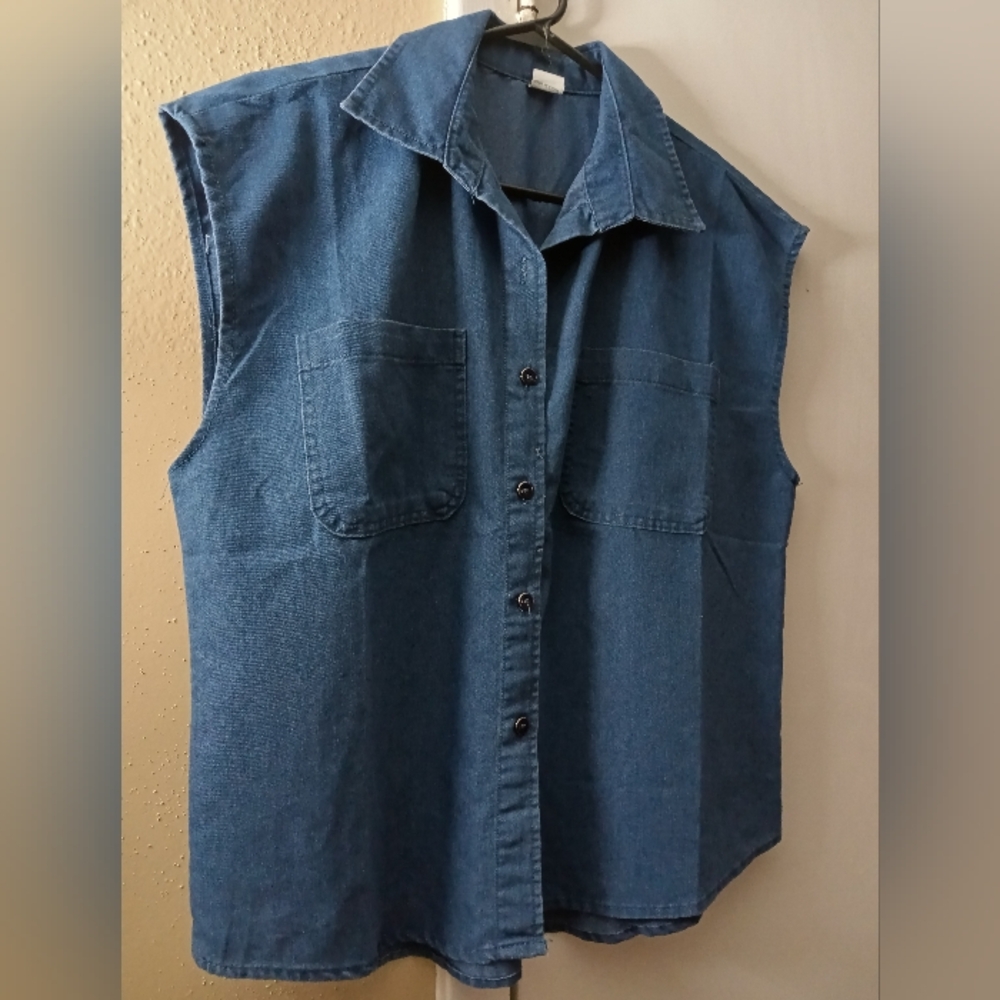 Sleeveless Denim Button-Up Shirt